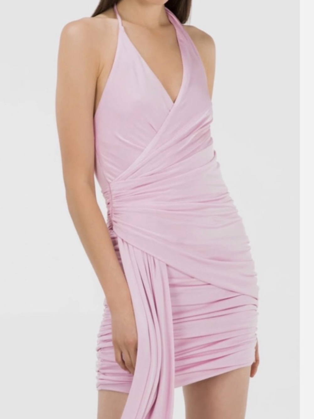 Pink Halter Ruched Wrap Mini Dress
